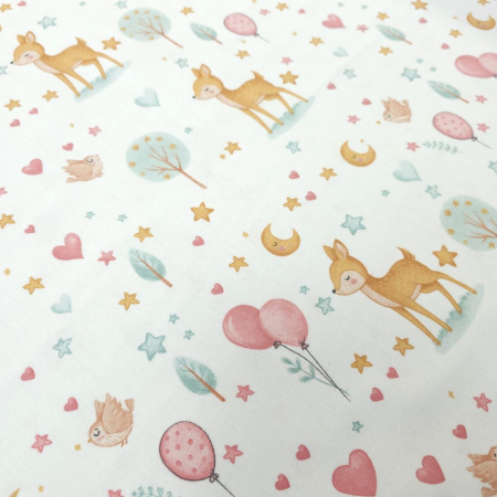 Material textil finet, 150cm, 100% bumbac, Alb cu baloane roz si caprioare [2]