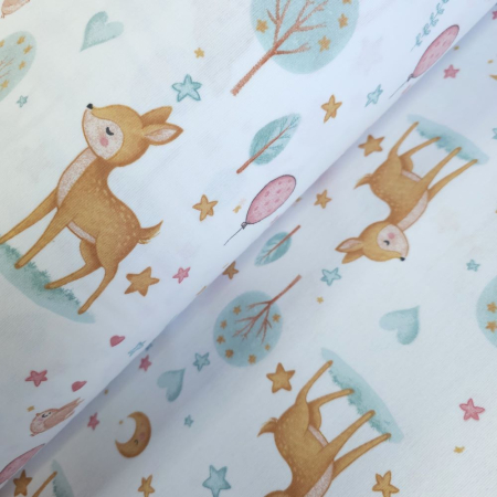 Finet - Material textil finet, 150cm, 100% bumbac, Alb cu baloane roz si caprioare