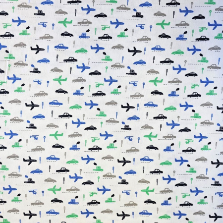 Material textil finet, 240cm, 100% bumbac, Alb cu avioane si masinute [1]