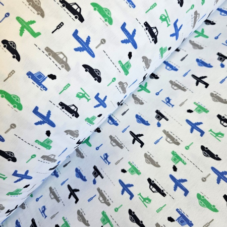 Finet - Material textil finet, 240cm, 100% bumbac, Alb cu avioane si masinute