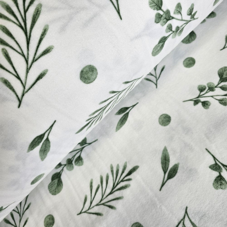 Finet - Material textil finet, 240cm, 100% bumbac, Alb cu frunze verzi
