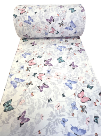Material textil finet, 240cm, 100% bumbac, Alb cu fluturasi roz si mov [1]