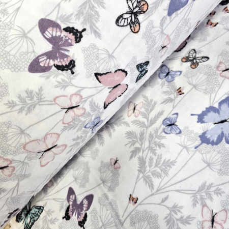 Finet - Material textil finet, 240cm, 100% bumbac, Alb cu fluturasi roz si mov