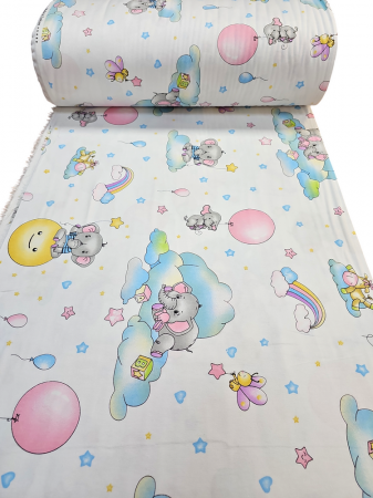 Material textil finet, 240cm, 100% bumbac, Alb cu elefant [1]
