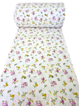 Material textil finet, 240cm, 100% bumbac, Alb cu floricele roz si galbene [2]