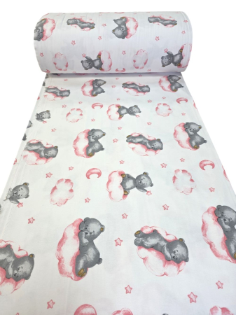 Material textil finet, 240cm, 100% bumbac, Alb cu ursuleti si norisori roz [1]