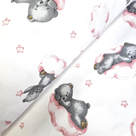 Finet - Material textil finet, 240cm, 100% bumbac, Alb cu ursuleti si norisori roz