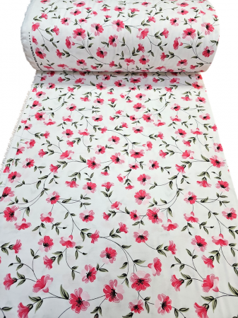 Material textil finet, 240cm, 100% bumbac, Alb cu flori corai [1]