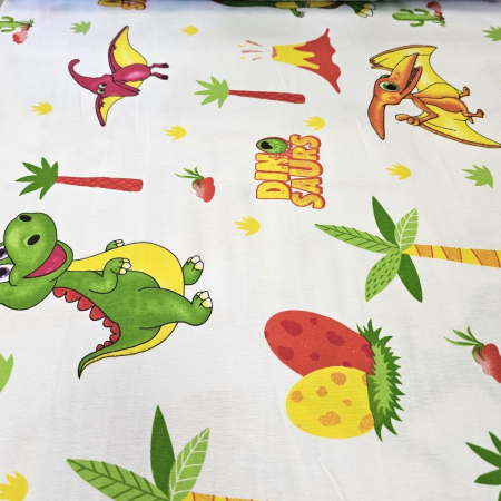 Material textil finet, 240cm, 100% bumbac, Alb cu dinozauri [3]