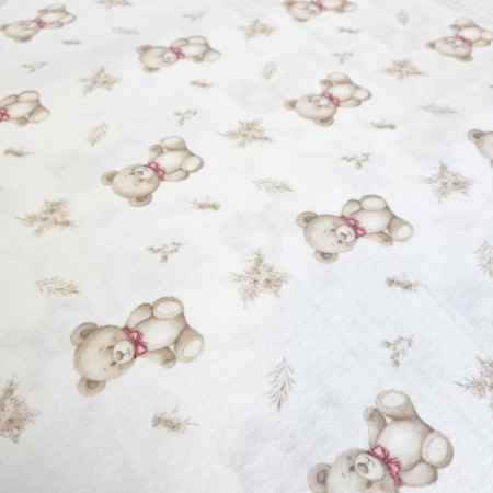 Material textil finet, 240cm, 100% bumbac, Alb cu ursuleti beige [1]