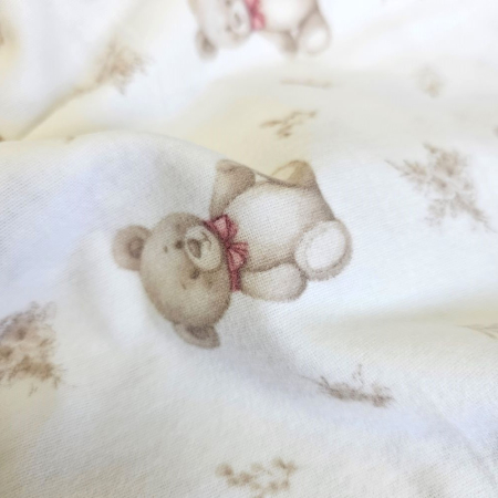 Material textil finet, 240cm, 100% bumbac, Alb cu ursuleti beige [2]