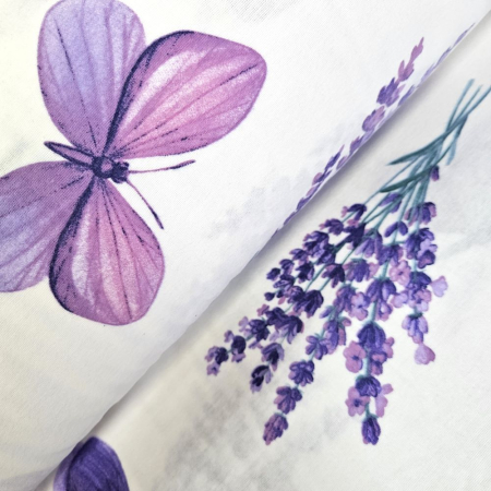 Finet - Material textil finet, 240cm, 100% bumbac, Alb cu lavanda si fluturasi