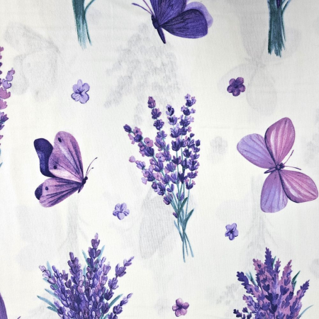 Material textil finet, 240cm, 100% bumbac, Alb cu lavanda si fluturasi [2]