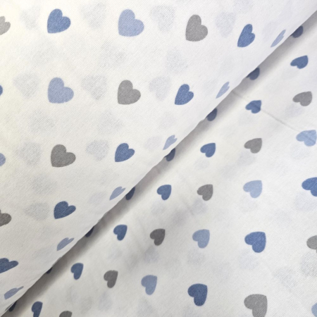 Materiale textile - Material textil finet, 240cm, 100% bumbac, Alb cu inimioare bleu si gri