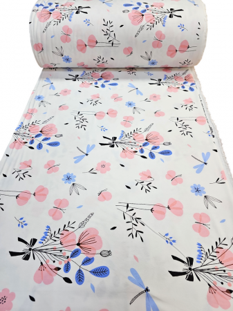 Material textil finet, 240cm, 100% bumbac, Alb cu maci si fluturasi roz [1]