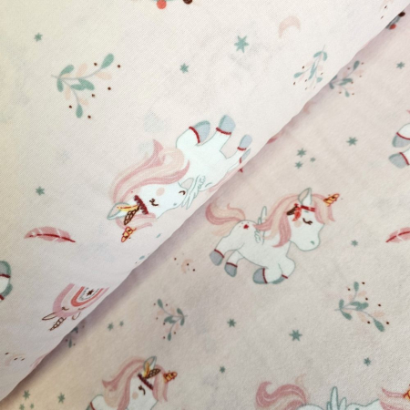 Finet - Material textil finet, 240cm, 100% bumbac, Roz cu unicorn