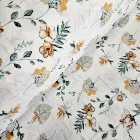 Finet - Material textil finet, 240cm, 100% bumbac, Alb cu flori de hibiscus