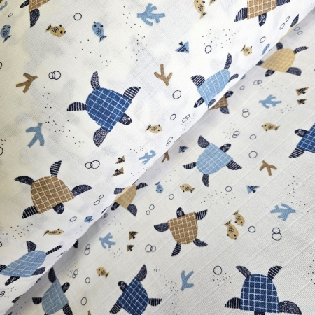 Materiale textile - Material textil muselina, 160cm, 100% bumbac, Alba cu broscute albastre