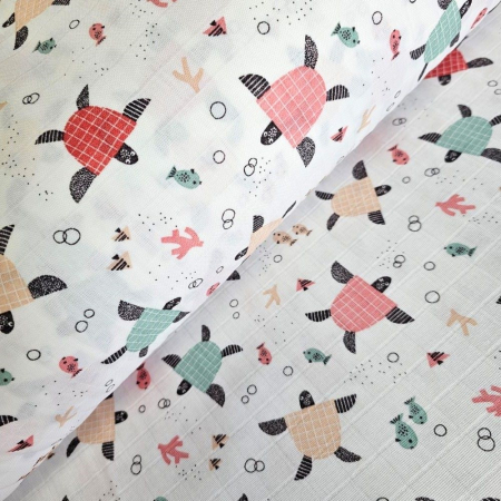 Materiale textile - Material textil muselina, 160cm, 100% bumbac, Alba cu broscute rosii