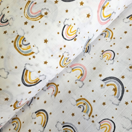 Materiale textile - Material textil muselina, 160cm, 100% bumbac, Alba cu curcubeu