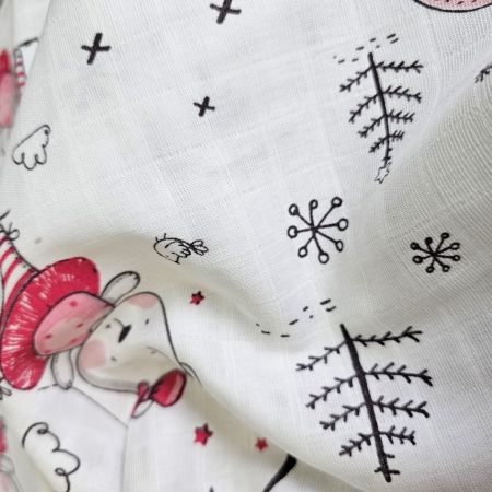 Material textil muselina, 160cm, 100% bumbac, Alba cu ursuleti roz [2]