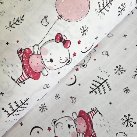 Materiale textile - Material textil muselina, 160cm, 100% bumbac, Alba cu ursuleti roz