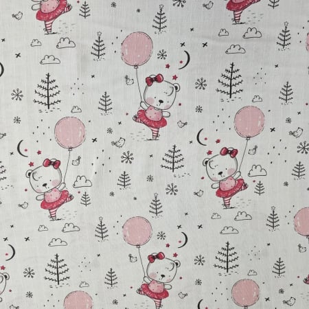 Material textil muselina, 160cm, 100% bumbac, Alba cu ursuleti roz [1]