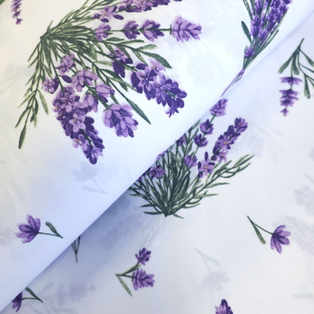 Bumbac ranforce imprimat - Material textil ranforce, 240cm, bumbac 100%, Alb cu buchete mici de lavanda