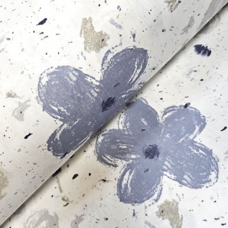 Materiale textile - Material textil ranforce, 240cm, bumbac 100%, Alb cu flori albastre si gri
