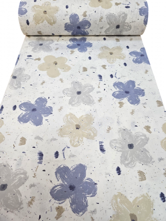 Material textil ranforce, 240cm, bumbac 100%, Alb cu flori albastre si gri [1]
