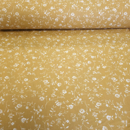 Material textil ranforce, 240cm, bumbac 100%, Mustar cu floricele albe [1]