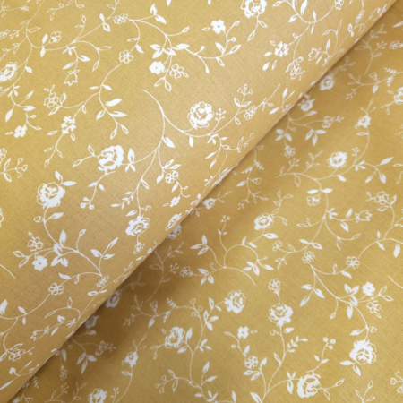 Bumbac ranforce imprimat - Material textil ranforce, 240cm, bumbac 100%, Mustar cu floricele albe