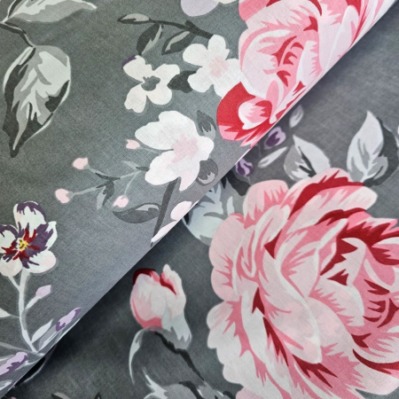 Materiale textile - Material textil ranforce, 240cm, bumbac 100%, Gri cu trandafiri roz