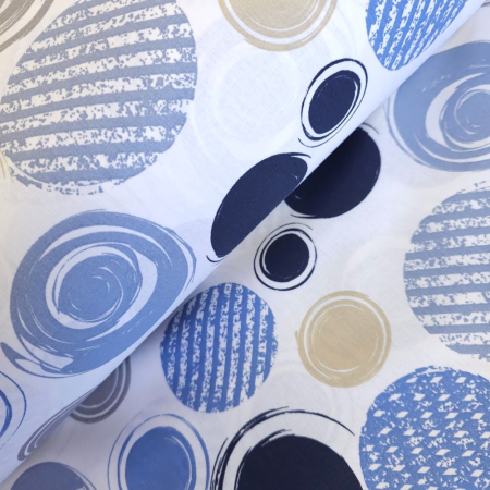 Bumbac ranforce imprimat - Material textil ranforce, 240cm, bumbac 100%, Alb cu buline albastre si bleumarin