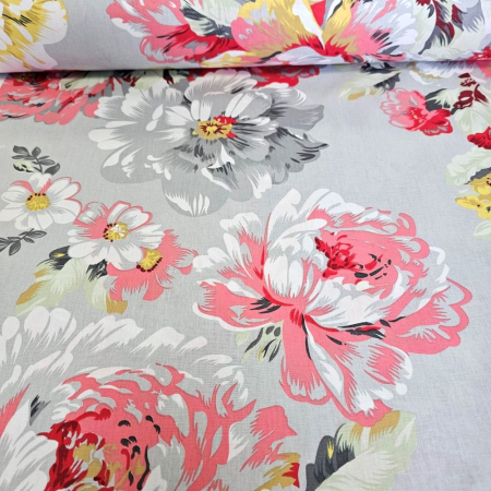 Material textil ranforce, 240cm, bumbac 100%, Gri cu bujori rosii [2]