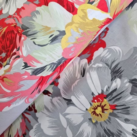 Bumbac ranforce imprimat - Material textil ranforce, 240cm, bumbac 100%, Gri cu bujori rosii