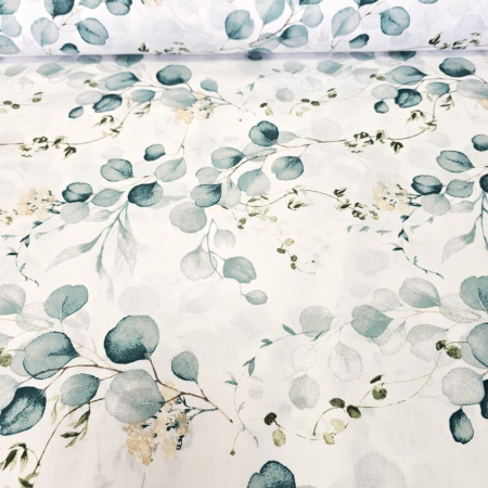 Material textil ranforce, 240cm, bumbac 100%, Alb cu frunze turcoaz [1]