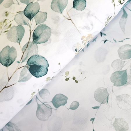 Bumbac ranforce imprimat - Material textil ranforce, 240cm, bumbac 100%, Alb cu frunze turcoaz