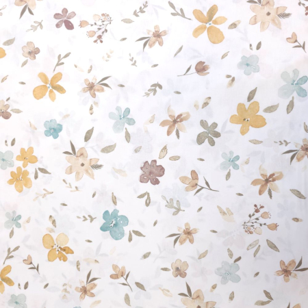 Material textil ranforce, 240cm, bumbac 100%, Alb cu floricele mustar si turcoaz [1]