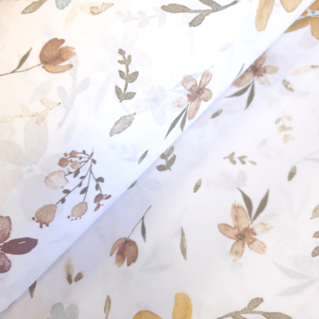 Bumbac ranforce imprimat - Material textil ranforce, 240cm, bumbac 100%, Alb cu floricele mustar si turcoaz