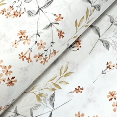 Materiale textile - Material textil ranforce, 240cm, bumbac 100%, Alb cu floricele caramizii