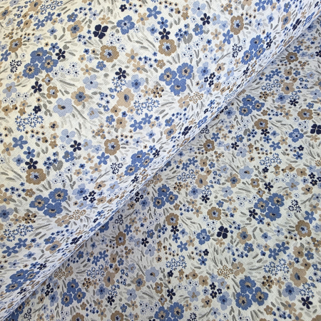 Materiale textile - Material textil ranforce, 240cm, bumbac 100%, Alb cu floricele mici colorate - albastru