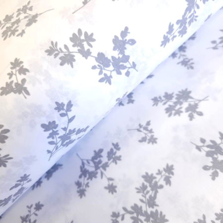 Bumbac ranforce imprimat - Material textil ranforce, 240cm, bumbac 100%, Alb cu floricele gri