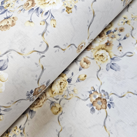 Materiale textile - Material textil ranforce, 240cm, bumbac 100%, Crem cu trandafiri galbeni