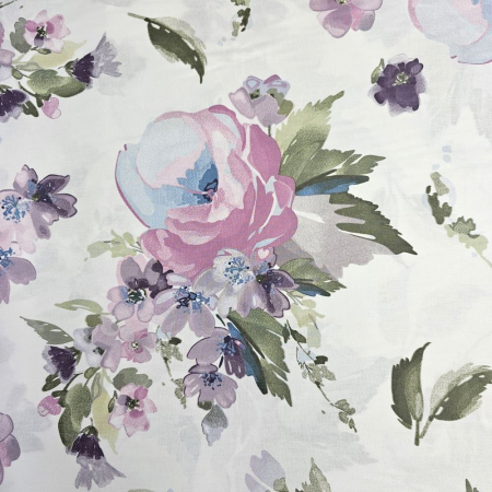 Material textil ranforce, 240cm, bumbac 100%, Alb cu flori mov si lila [1]