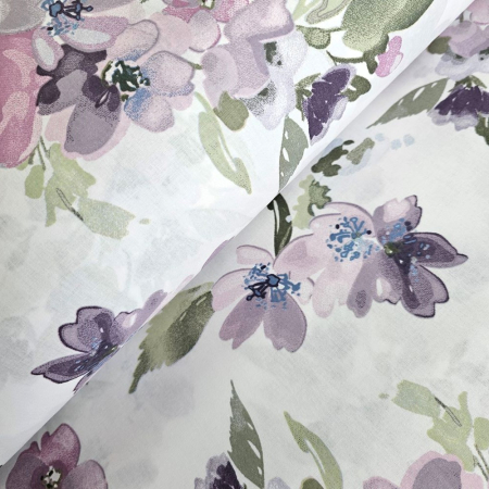 Materiale textile - Material textil ranforce, 240cm, bumbac 100%, Alb cu flori mov si lila