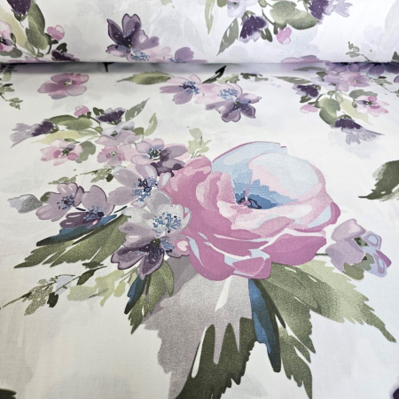 Material textil ranforce, 240cm, bumbac 100%, Alb cu flori mov si lila [2]