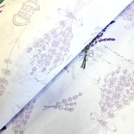 Bumbac ranforce imprimat - Material textil ranforce, 240cm, bumbac 100%, Alb cu lavanda True Love