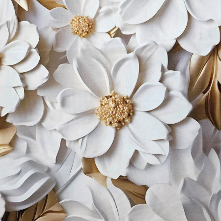 Material textil ranforce 5D, 240cm, bumbac 100%, Flori albe si frunze aurii [1]