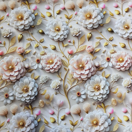 Material textil ranforce 5D, 240cm, bumbac 100%, Flori albe si ramurele aurii [1]